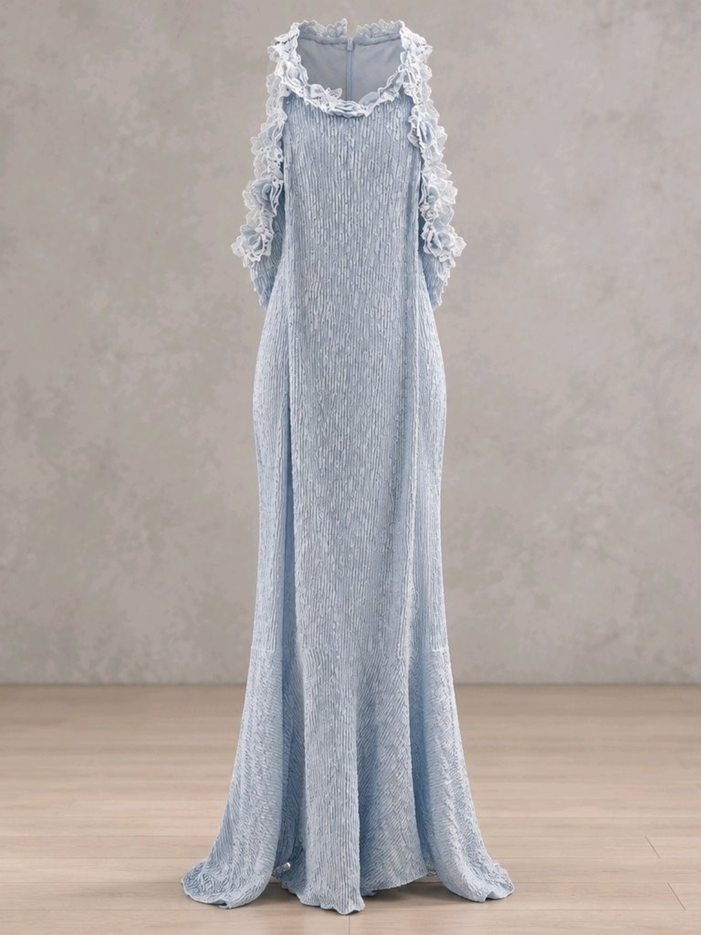 Elegant Pale Blue Maxi Dress with Ruffle Details